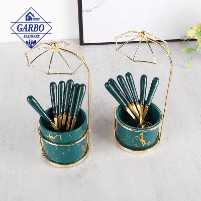 China Viable Wholesale High Quality Custom Spoon Stainless Steel With Handle Cup And Frame Flatware Ceramic Gold Cutlery Set Stainless for sale