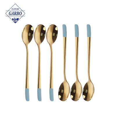 China Viable Creative Colorful PVD Stainless Steel Ice Scoop Stirring Small Long Golden Healthy Serving Spoon Teaspoon Hand Spoon for sale