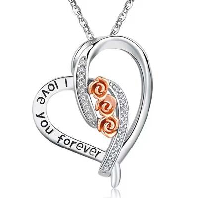 China New Rose Double Love Mom Big Cute Simple Romantic Diamond Sterling Silver Necklace Pendant for sale