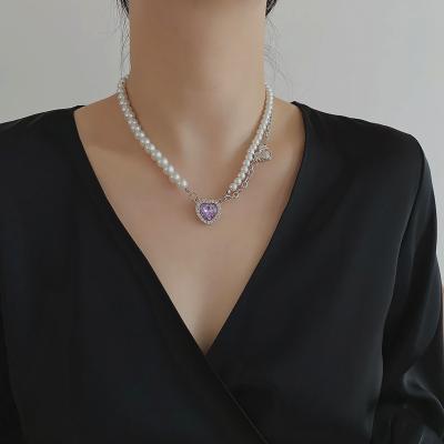 China Romantic Women's Jewelry Purple Love Big Gemstone Hip-Hop Double Zircon Clavicle Freshwater Pearl Necklaces Electroplating Pendant Set for sale