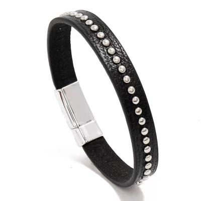 China Christmas Environmental Friendly Gifts Mens Genuine Leather Bracelets Fashion Jewelry Custom Luxury Magnetic Clasp 316 Stainless Steel Bracelet for sale