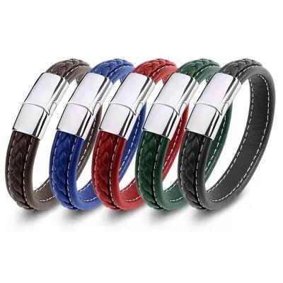 China Pulsera De Hombre Men Genuine Leather Bracelets Bangle Environmental Friendly Stainless Steel Magnetic Clasp For Engraving for sale