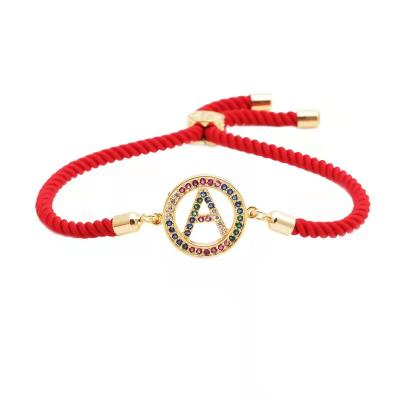 China Environmental Alphabet Bracelet Micro-inlaid Milan Red Rope Adjustable 26 Stone Colorful English Letter Chain Bracelet for sale