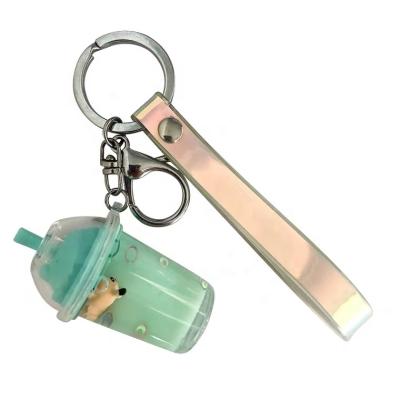 China Plastic Women Ring Boba Tea Keychain For Key Chain Factory Key Ring Custom Liquid Acrylic Glitter Floater for sale