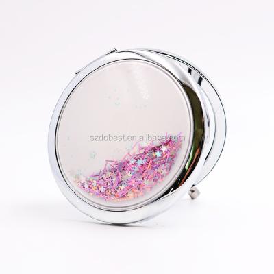 China Traditional Custom Metal Pocket Cosmetic Portable Folding Mirror With Liquid And Glitter For Women for sale