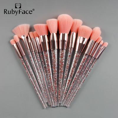 China Angular Blush RubyFace 15PCS Wholesale Pink Color Makeup Brush Diamond Glitter Makeup Brush Cosmetics Brush for sale