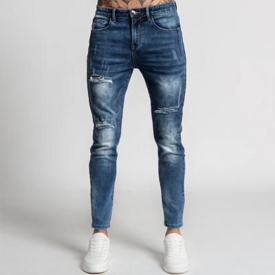 China Breathable Cheap Skinny Fashionable Men's Knee Hole Blue Male Jeans Pants for sale