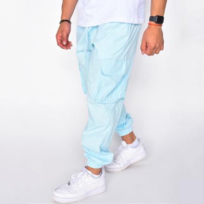 China Light Blue Anti-Wrinkle Mens Pants Sport Mens Casual Trousers Cargo Pants Mens With Big Side Pockets for sale