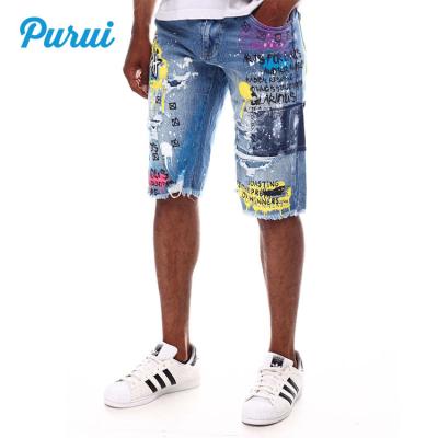 China Designer Personality Doodle Color Splash Denim Breathable Custom Men Ripped Short Jeans for sale