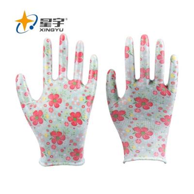 China Xingyu Wholesale Custom Women's Safety Bamboo Nitrile Lady Work Pu Black Coated Printed Polyester Shell With Grip Garden Gloves for sale