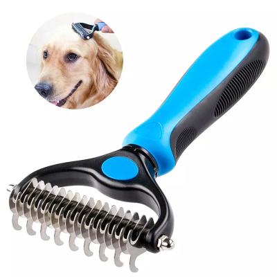 China Stored Pet Hair Removal Comb Double Sided Blades Fur Dematting Trimmer Deshedding Brush Grooming Tool for sale