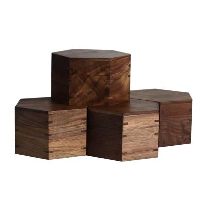 China Handmade Color Stain Wood Nut Box Hexagon Wooden Keepsake Box Fitted Lid Candy Storage Box for sale