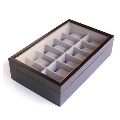 China Handmade Solid Espresso Wooden Watch Box Organizer With Display Top 12 Glass Slot By Case Elegance Piano Wood Box for sale