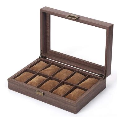 China Handmade 10 Slot PU Leather Watch Box Organizer Watch Case with Glass Top Wooden Watch Box for sale