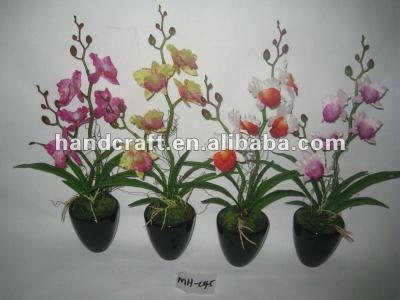 China Newest Two Stem Small Artificial Silk Cattleya Orchid With Black Ceramic Pot MH-045 for sale