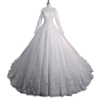 China YJ2042W 2023 new style lace wedding dress anti-static bridal stand collar long sleeve large tail large size for sale