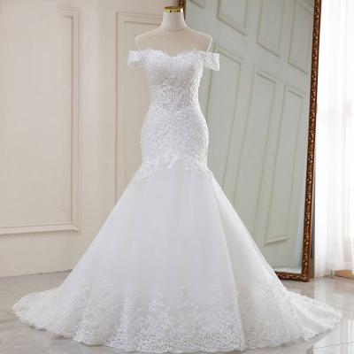 China YJ2015W anti-static 2023 white lace one-shoulder fantasy French new temperament long wedding dress for sale