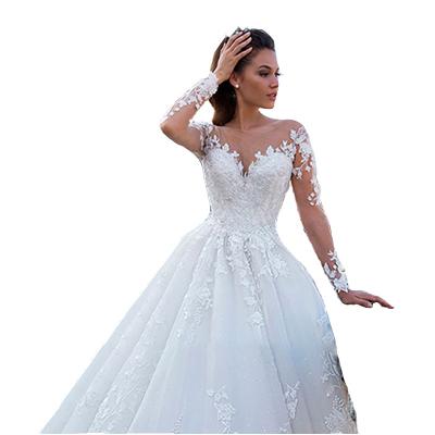 China YJ2035W 2023 New Big Tail Long Sleeve Wedding Dress Wedding Dress Retro Sexy V-neck Anti-static Border Tulle for sale