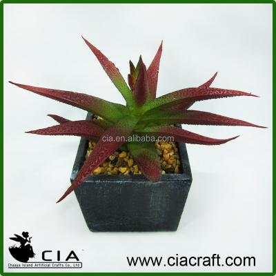 China PVC Potted Artificial Succulents Small Mini Fake Potted Aloe Plant In Black Square Pulp Pot For Wholeselling for sale