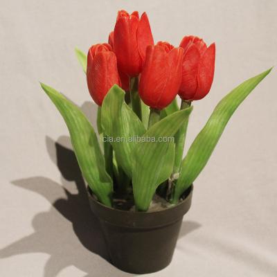 China Artificial Potted Flower Bulk Artificial Potted Plastic Flower Bouquet Red Tulip In Plastic Planter For Sale for sale