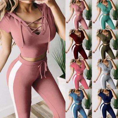 China Wholesale Breathable Hoodie Gaiters Cutout V-Neck Solid Color Two Piece Set Tracksuit Gym Wear Women for sale