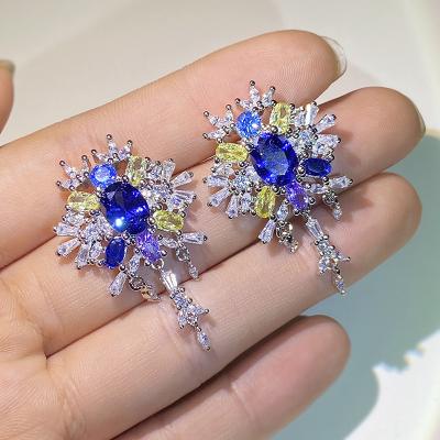 China FASHIONABLE Exaggerated Blue Flower Women's Creative Multicolor Zircon Style Bohemia Jewelry KYED0780 Earring For Party for sale