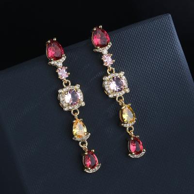 China Beautiful Fashion 18k Gold Multicolor Creative Elegant Trendy Women's Jewelry KYED0723 Color 3A Zircon Long Earring for sale