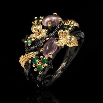 China FASHIONABLE Jewelry KYRA01340 Exquisite Leaf Flower Shape Women's Ring Black Gold Red Zircon Ring Ladies Jewelry For Party for sale