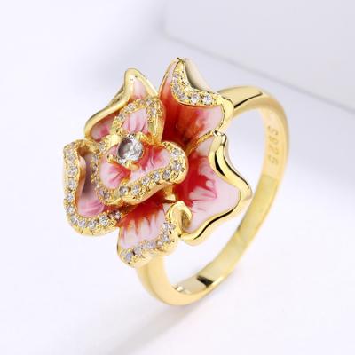 China New Ladies KYRA01359 18k Gold Flower Ring Elegant Enamel Women's Handmade Flower Ring Ethnic Exquisite Rose CZ Jewelry for sale