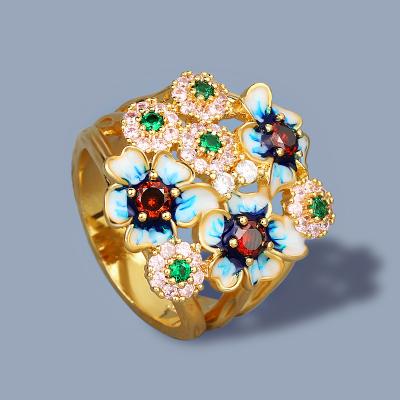 China New Styles Elegant Women's Flower Ring Zircon Jewelry Handmade Enamel Flower Ethnic Ring Ladies KYRA01305 for sale