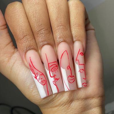 China 24pcs Fashion Abstract Face Art Design Wear Nail Line Full Cover Nail Art Personality Press On Nail Tips for sale