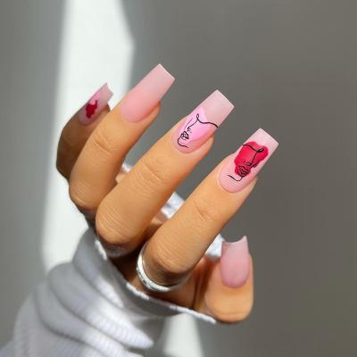 China 24Pcs Fashion Set Private Label Customized Press On French Abstract Line Fale Finished Nails Removable Face Design Nails for sale