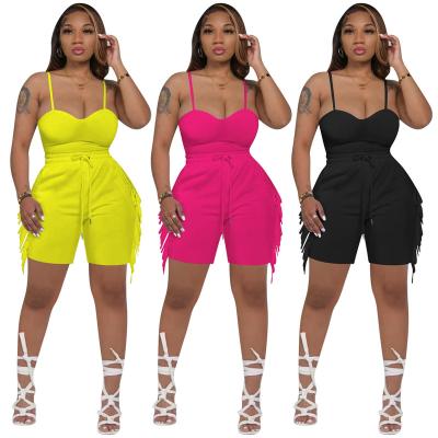 China New Arrivals Breathable Woman Clothes Leisure Sexy Two Piece Hot Tassel Sets Solid Shorts Set for sale