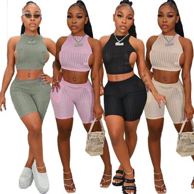 China Breathable Summer Women Sleeveless Backless Sexy Ribbed Knit 3 Piece Shorts Set Solid Cropped Bikini Top Outfits for sale