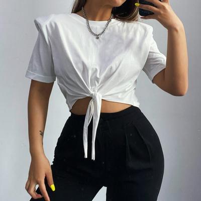 China Viable Elegant Lace Up Bow Sheer White Ladies Crew Neck Tee Solid Padded Shoulders Knotted T Shirts Fashion Casual Urban Tee for sale