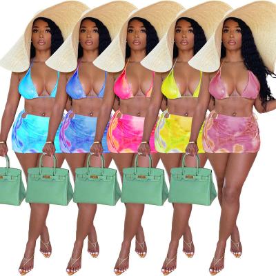 China 2022 Summer Breathable Halter Beachwear Backless Bikini Swimwear Ladies Beach Two-Piece Skirt Cover Up Swimwear Set for sale