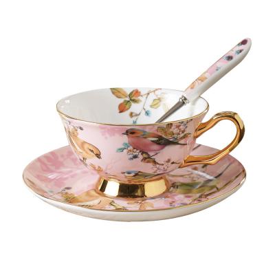 China Viable Floral Tea Cup and Saucer Set Elegant Bone China Tea Set Coffee Cup Coffee Cup with Spoon and Saucer Set for Home Kitchen for sale