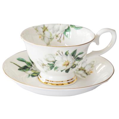 China Amazon Bone China Viable Hot Selling British Coffee Cup Set Afternoon Printed Ceramic Tea Cup With Saucer for sale