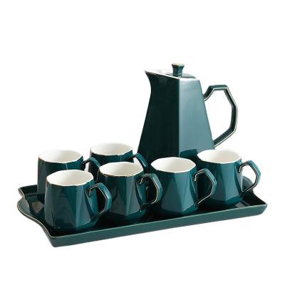 China Viable Luxury 8 PCs Teapot Teapot Coffee Mug and Tray Glossy Dark Green Ceramic Mug Set Set with Gold Trim Decor Gift Box Package for sale