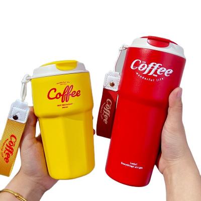 China 2023 New Sustainable Coffee Mug 304 Stainless Steel Coffee Tumblers Double Wall Vacuum Travel Mug With Lid And Rope for sale