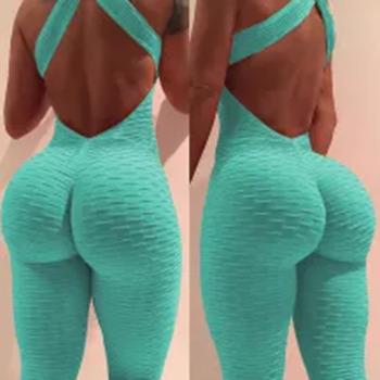 China Custom Women Yoga Backless Fitness Clothing Breathable Pants Jacquard Pattern Booty Women One Piece Overalls Wholesale for sale