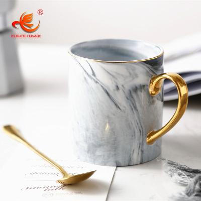 China New Manufacturer WKTM014 Viable Design Marble Look Gold Handle Milk Custom Coffee Mug And Ceramic Mug Porcelain With Lid Spoon for sale