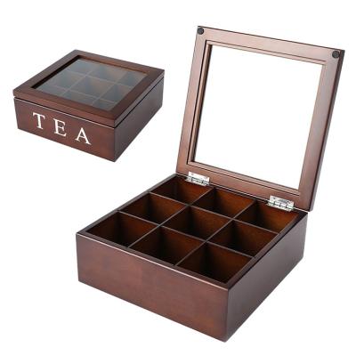 China Handmade Natural Oak Wooden Tea Bag Storage Box 9 Compartments for sale