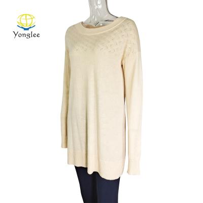 China Anti-pilling Round Neck Flat Knitted Mesh Decorated Pullover Women Mid Long Sweater for sale