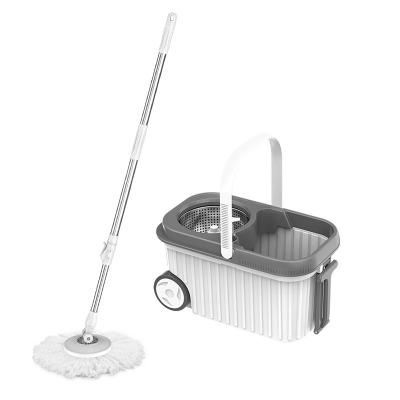 China Viable Wholesale White Card Washing Water Absorption Stainless Steel Rotary Spin Broom With Bucket And Spin Wheel for sale