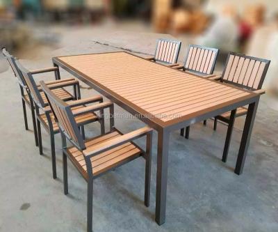 China Modern Furniture Aluminum Outdoor Brush Anodized Wood Dining Table With 6 Chairs Set WPC Dining Set for sale