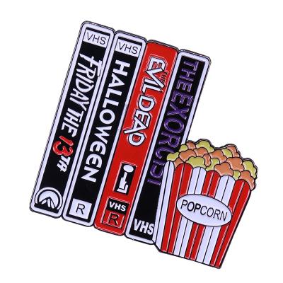 China American Retro Horror Movie VHS Video Cassette and Popcorn Enamel Pin for sale