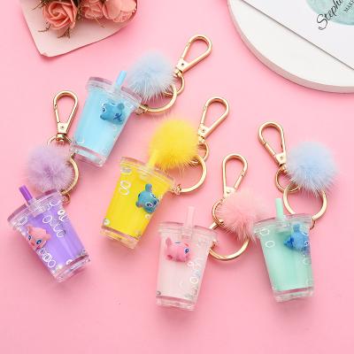 China Decoratation Acrylic Quicksand Key Chain Milk Pendant Teacup Stitch Key Chain Liquid Pompom Key Chain for sale