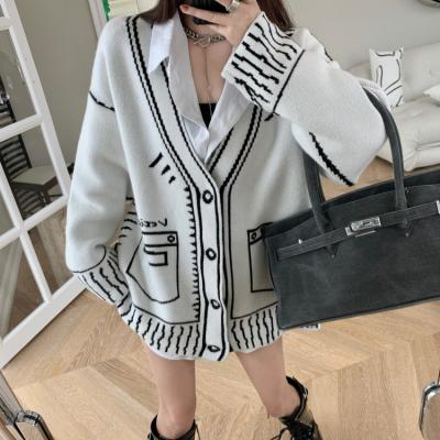 China Autumn Fashion Brand Designer Women Stripe Breathable Print Knitted Sweater Cardigan Jacket 2021 Simple Casual for sale