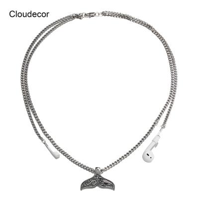 China Fashoin Airpods Earphone Holder Neck Strap Detachable Metal Cuban Chain Fishtail Necklace Anti-lost Beauty Earbuds Girl for sale